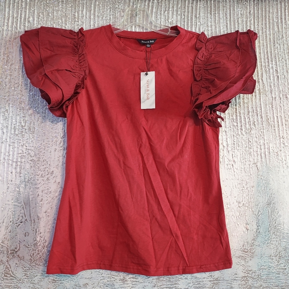 Strut & Bolt Burgundy Ruffled Sleeve Top Sz-L